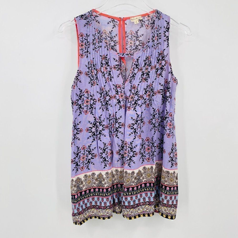 Hem & Thread Size Small Purple Boho Floral Pleated Sleeveless Blouse Top - Picture 1 of 9